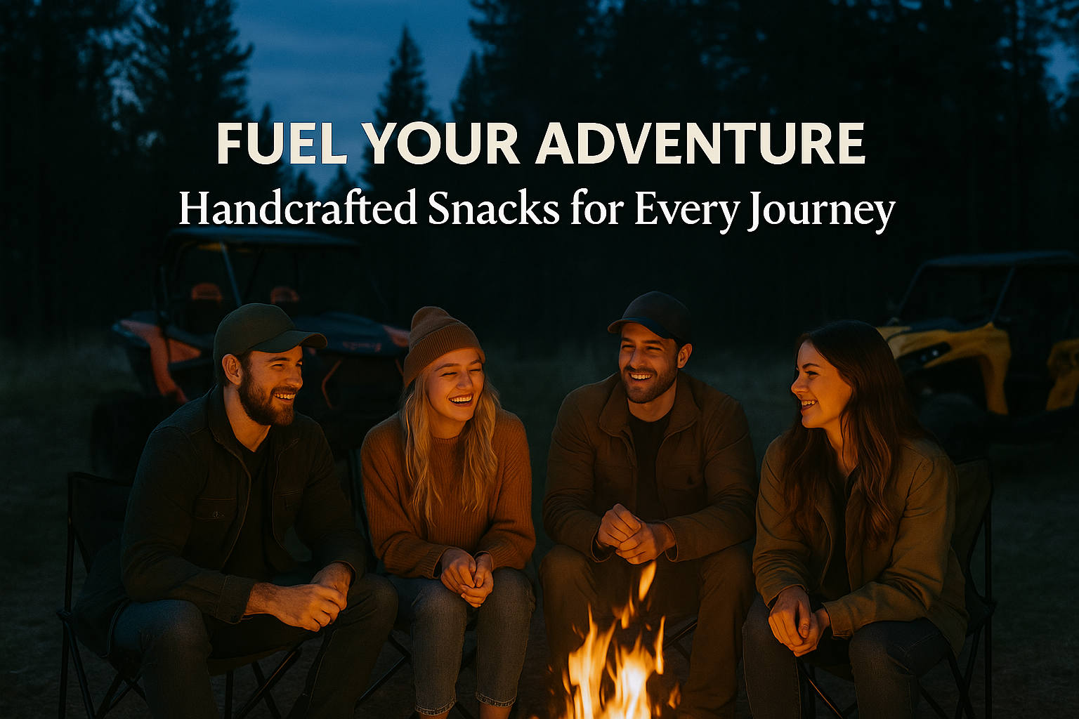 ATV riders snacking on trail mix by campfire