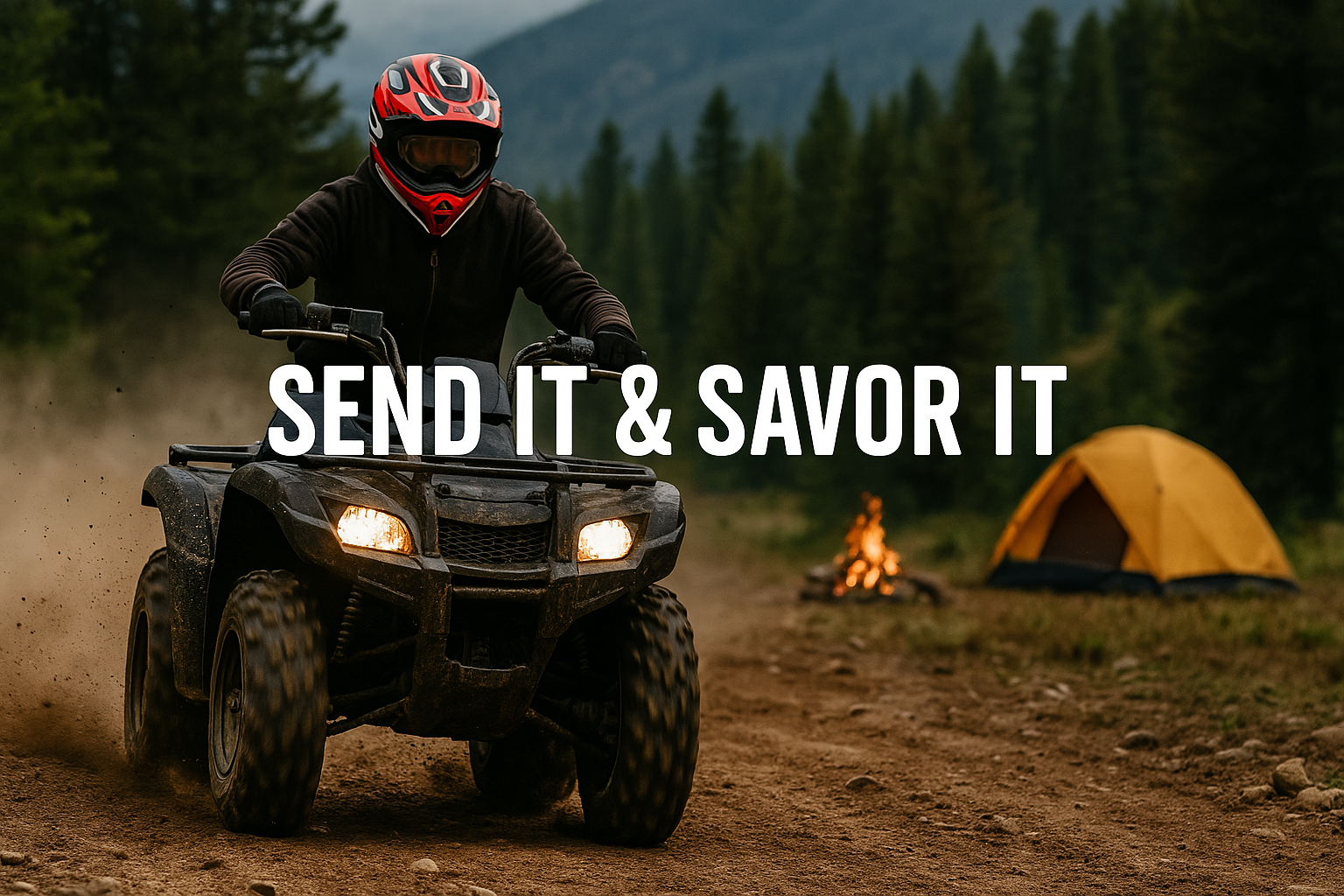 ATV riders snacking on trail mix by campfire